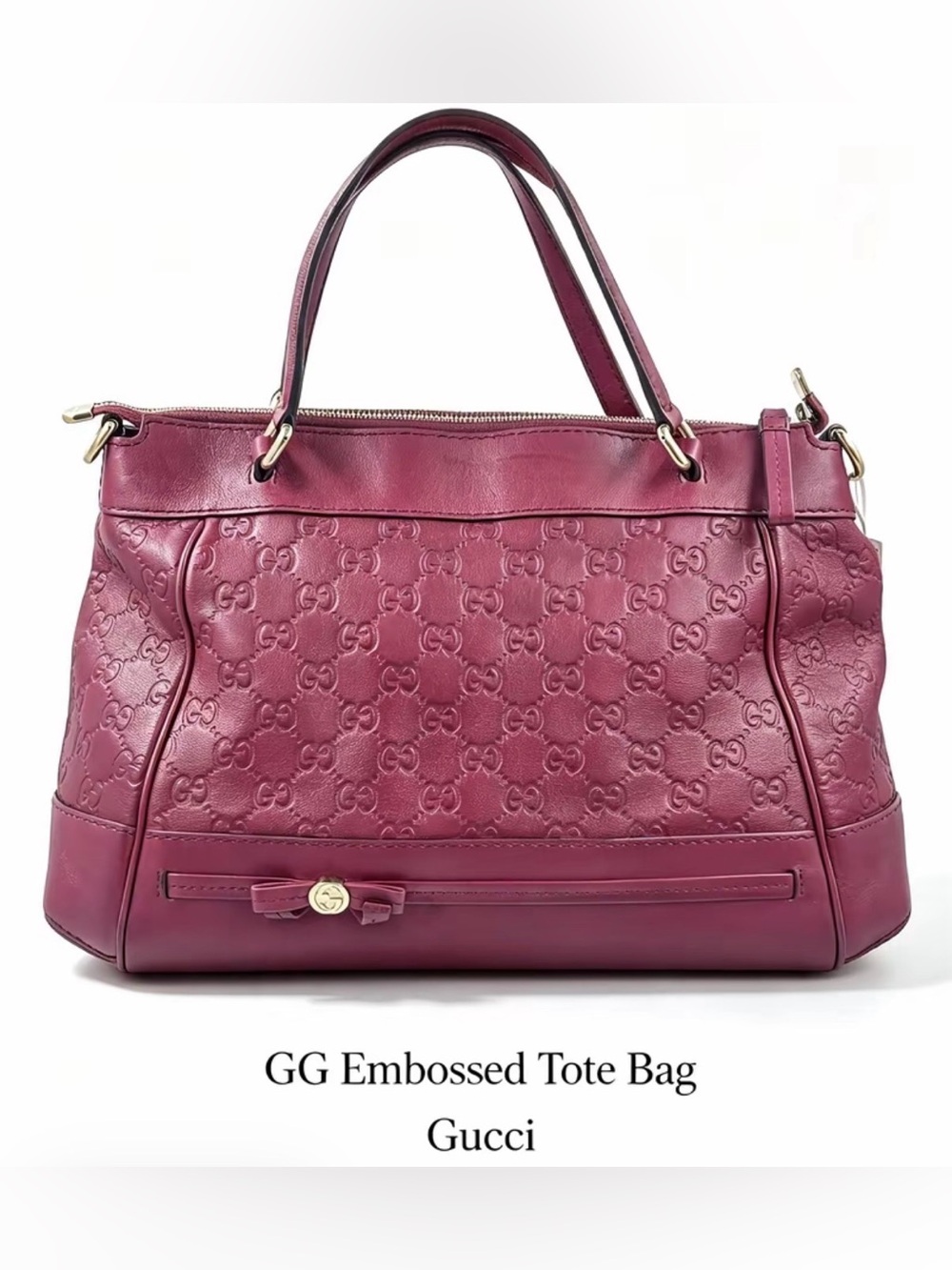 Gucci Guccissima Mayfair Plum GG-Embossed Leather Tote with Bow and Gold Accents